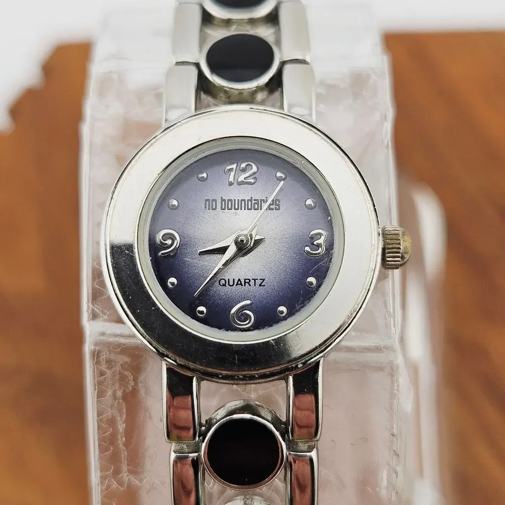 No Boundaries Women's Silver Tone Dressy Bracelet Watch Black Accent Link Band